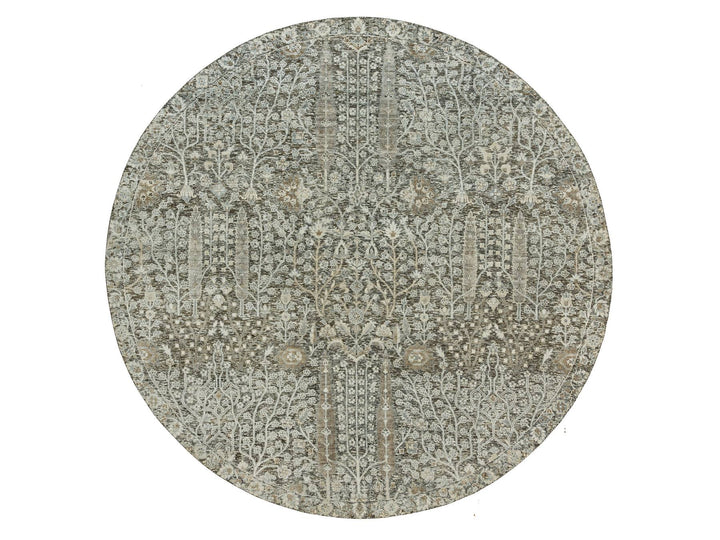 7'11" x 7'11" New Hand Knotted Grey Wool & Silk Round Oriental Rug - MOA10290246
