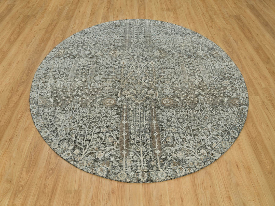 7'11" x 7'11" New Hand Knotted Grey Wool & Silk Round Oriental Rug - MOA10290246
