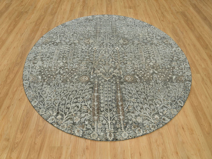 7'11" x 7'11" New Hand Knotted Grey Wool & Silk Round Oriental Rug - MOA10290246