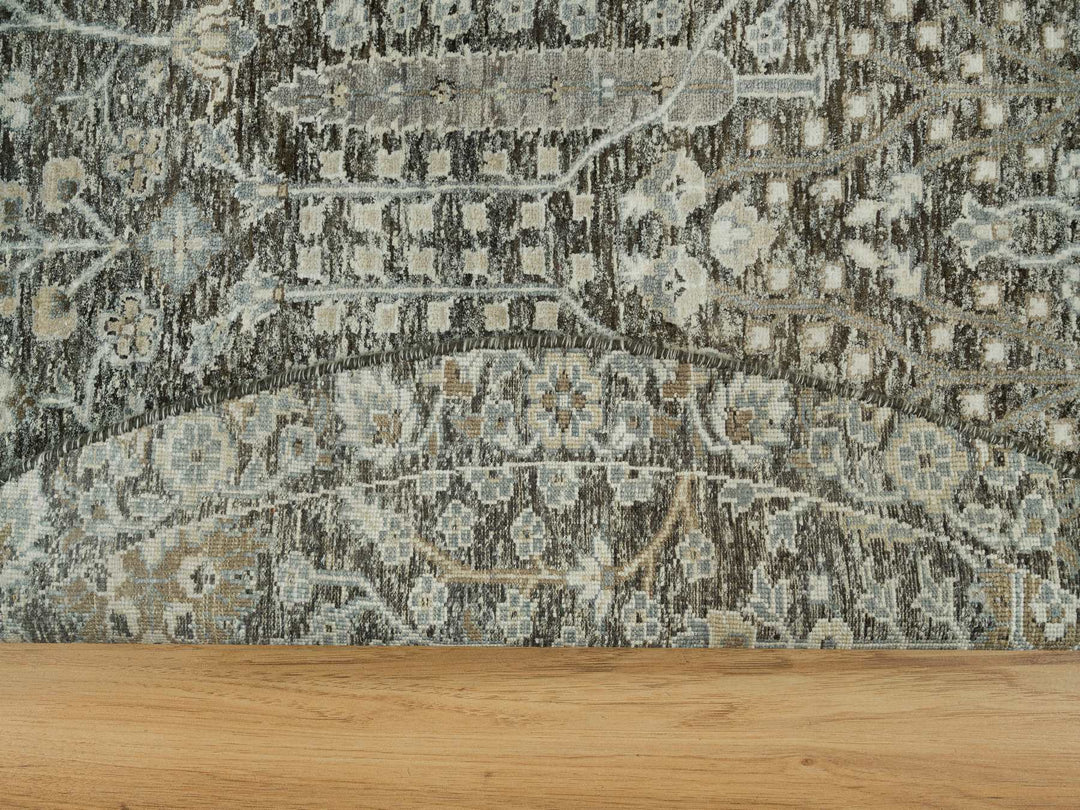 7'11" x 7'11" New Hand Knotted Grey Wool & Silk Round Oriental Rug - MOA10290246