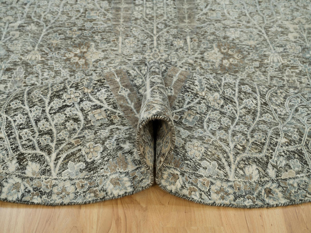 7'11" x 7'11" New Hand Knotted Grey Wool & Silk Round Oriental Rug - MOA10290246