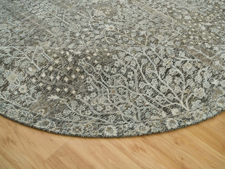 7'11" x 7'11" New Hand Knotted Grey Wool & Silk Round Oriental Rug - MOA10290246