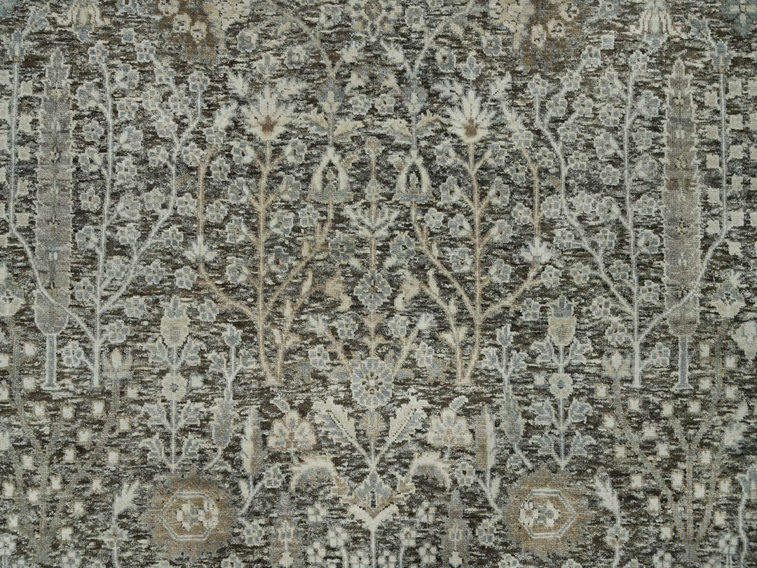 7'11" x 7'11" New Hand Knotted Grey Wool & Silk Round Oriental Rug - MOA10290246