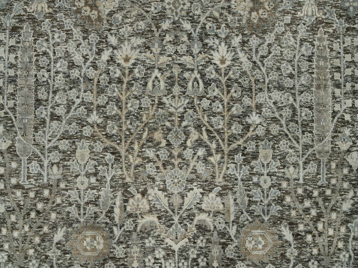 7'11" x 7'11" New Hand Knotted Grey Wool & Silk Round Oriental Rug - MOA10290246