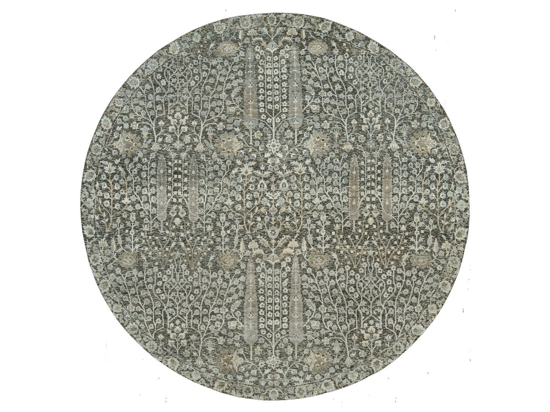 9'10" x 9'10" New Hand Knotted Grey Wool & Silk Round Oriental Rug - MOA10290247