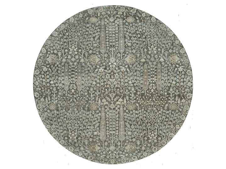 9'10" x 9'10" New Hand Knotted Grey Wool & Silk Round Oriental Rug - MOA10290247
