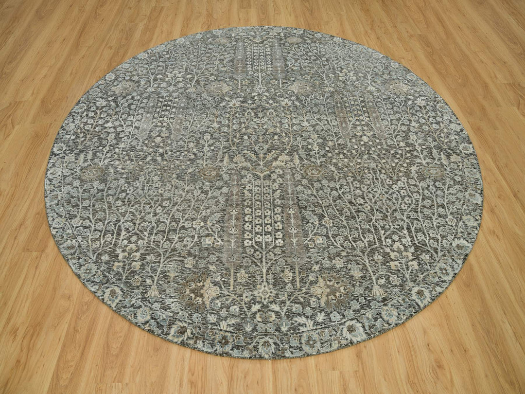 9'10" x 9'10" New Hand Knotted Grey Wool & Silk Round Oriental Rug - MOA10290247