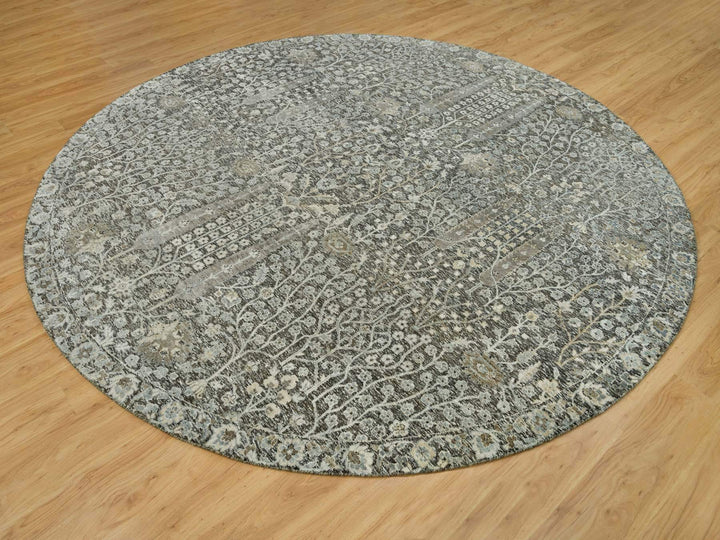9'10" x 9'10" New Hand Knotted Grey Wool & Silk Round Oriental Rug - MOA10290247