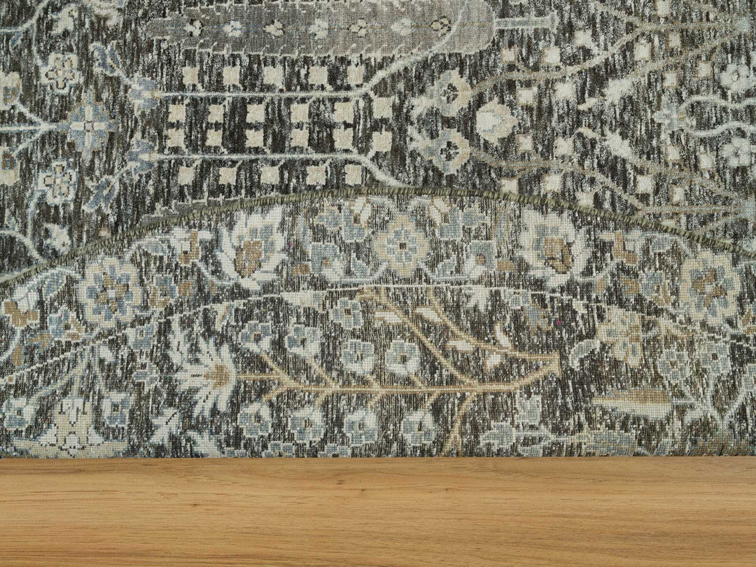 9'10" x 9'10" New Hand Knotted Grey Wool & Silk Round Oriental Rug - MOA10290247