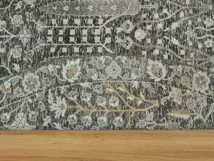 9'10" x 9'10" New Hand Knotted Grey Wool & Silk Round Oriental Rug - MOA10290247