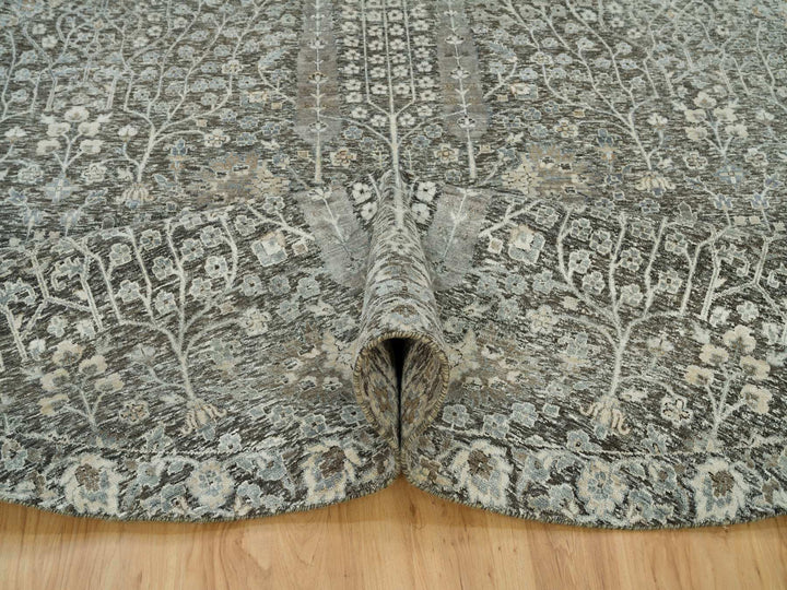9'10" x 9'10" New Hand Knotted Grey Wool & Silk Round Oriental Rug - MOA10290247