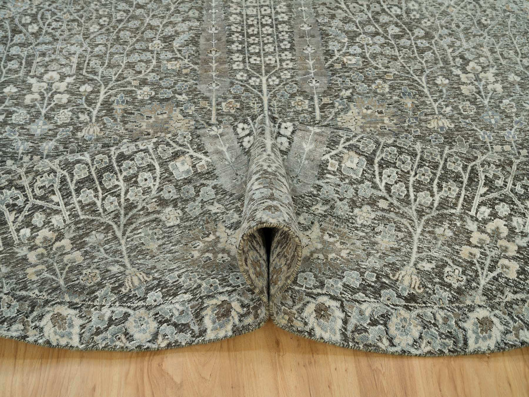 9'10" x 9'10" New Hand Knotted Brown Wool & Silk Round Oriental Rug - MOA10290247