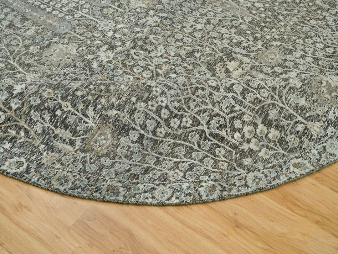 9'10" x 9'10" New Hand Knotted Grey Wool & Silk Round Oriental Rug - MOA10290247