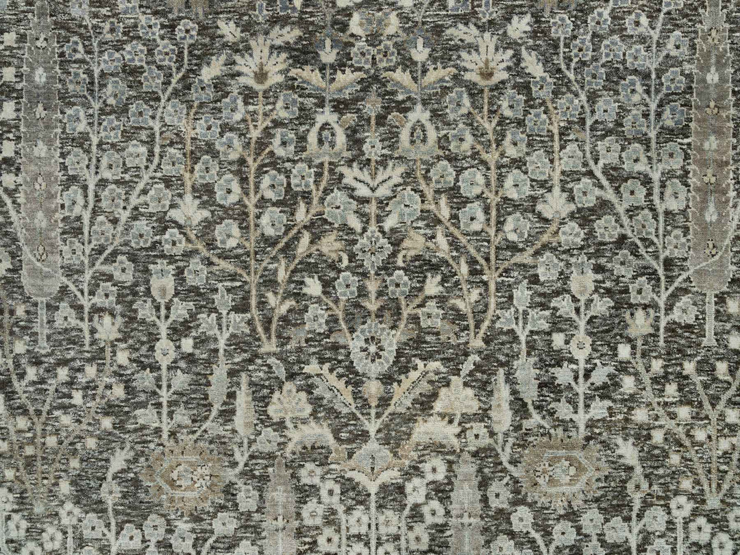 9'10" x 9'10" New Hand Knotted Grey Wool & Silk Round Oriental Rug - MOA10290247