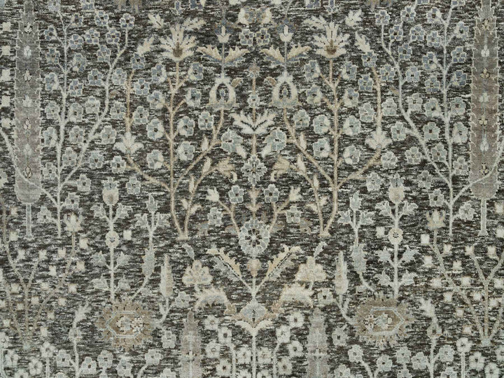 9'10" x 9'10" New Hand Knotted Grey Wool & Silk Round Oriental Rug - MOA10290247