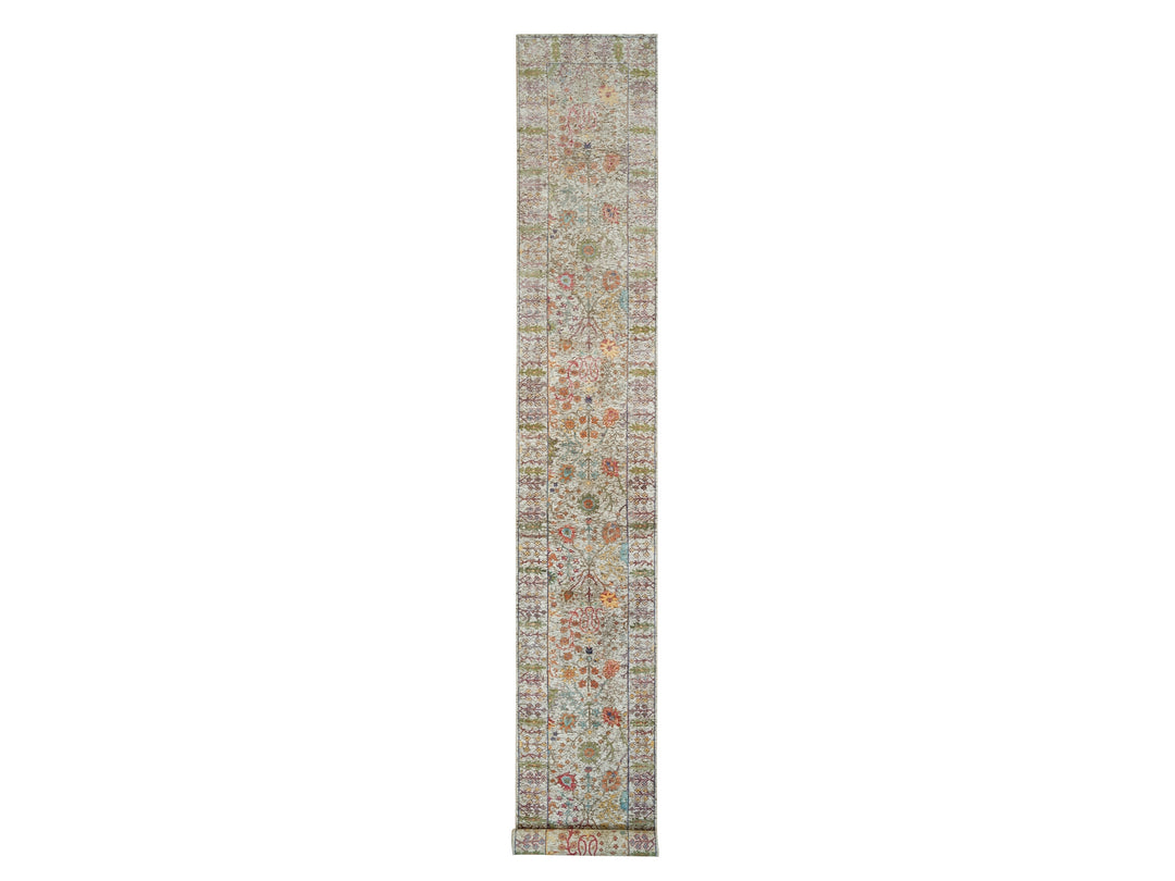 2'8" x 19'10" New Hand Knotted Beige Wool & Silk Runner Oriental Rug - MOA10290248
