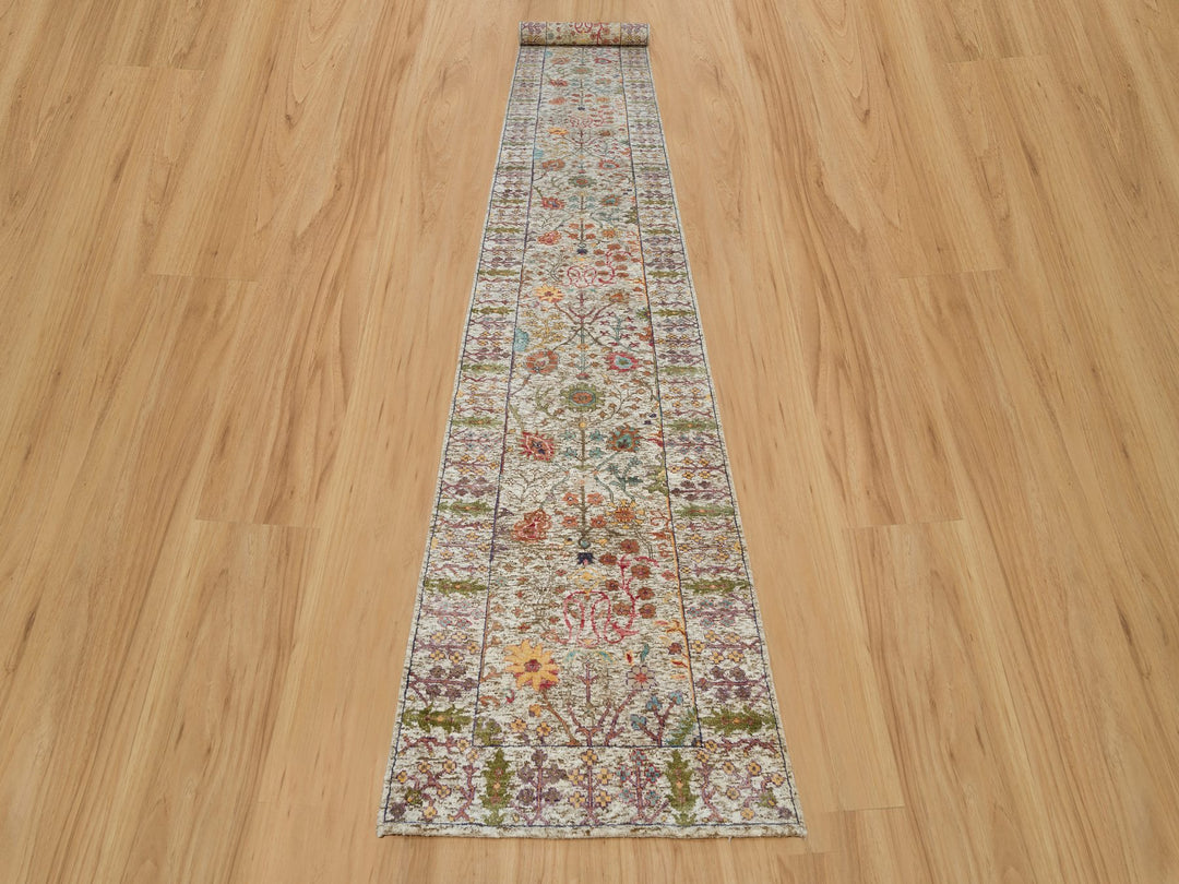 2'8" x 19'10" New Hand Knotted Beige Wool & Silk Runner Oriental Rug - MOA10290248