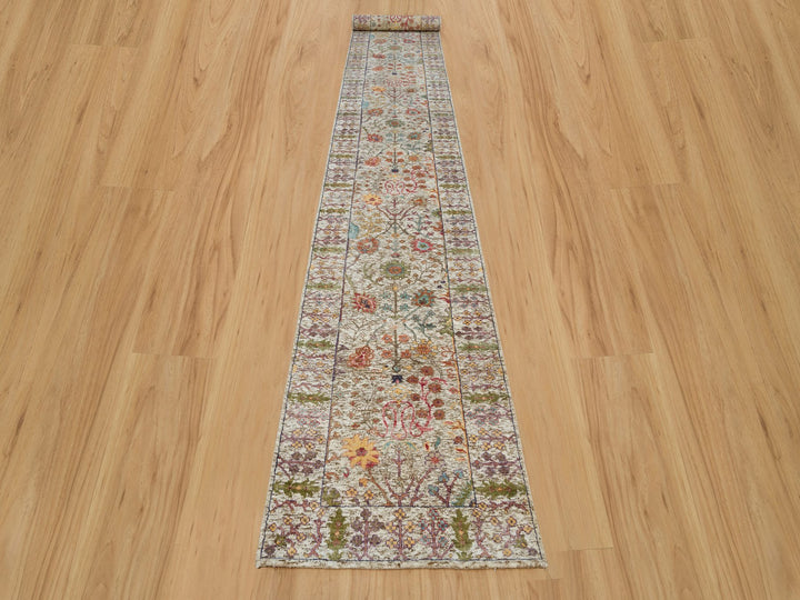 2'8" x 19'10" New Hand Knotted Beige Wool & Silk Runner Oriental Rug - MOA10290248