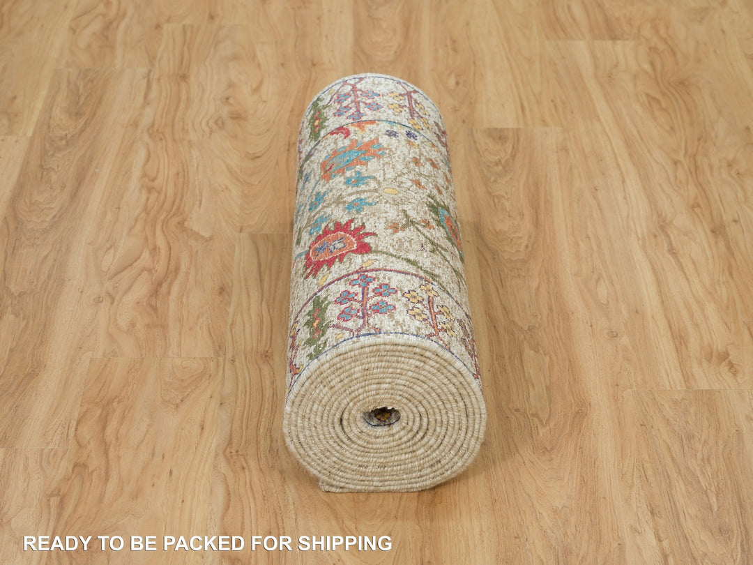 2'8" x 19'10" New Hand Knotted Beige Wool & Silk Runner Oriental Rug - MOA10290248