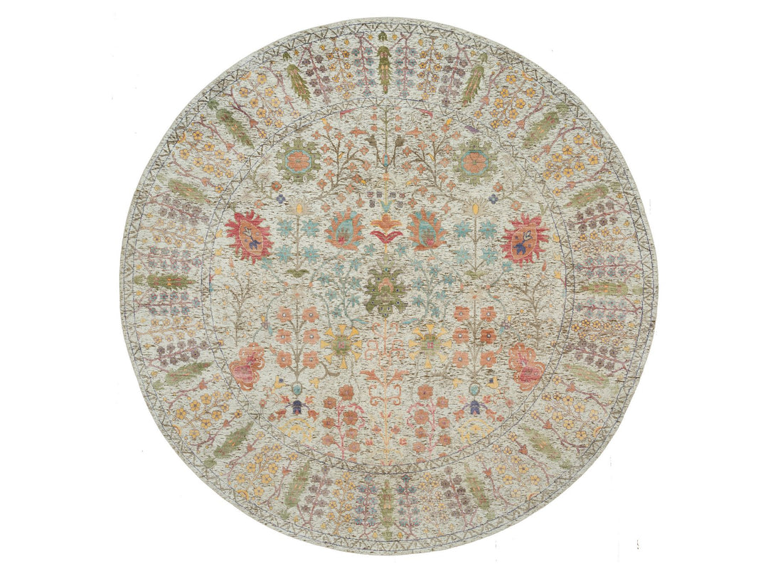 9'10" x 9'10" New Hand Knotted Beige Wool & Silk Round Oriental Rug - MOA10290251