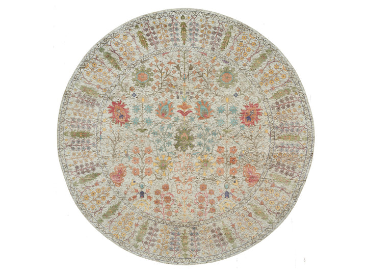 9'10" x 9'10" New Hand Knotted Beige Wool & Silk Round Oriental Rug - MOA10290251