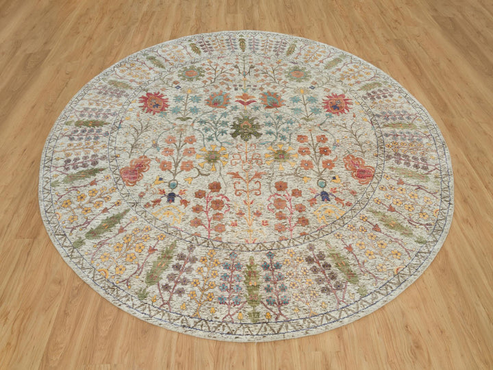9'10" x 9'10" New Hand Knotted Beige Wool & Silk Round Oriental Rug - MOA10290251