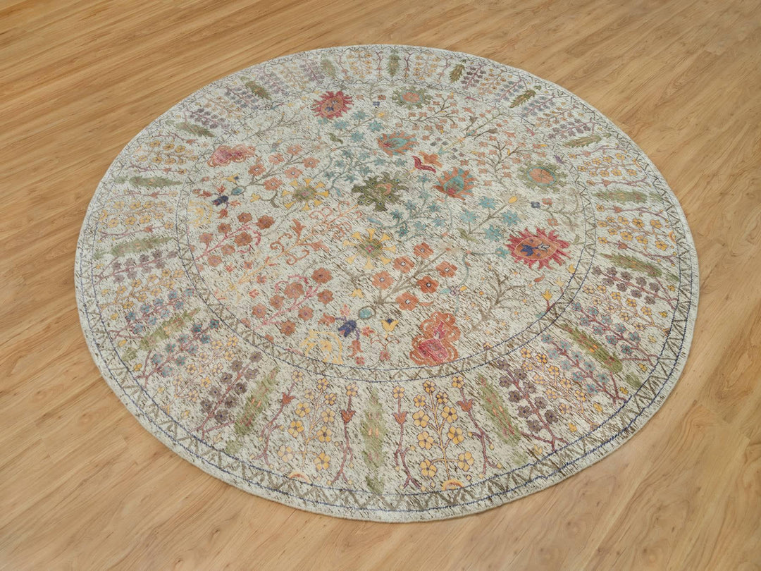 9'10" x 9'10" New Hand Knotted Beige Wool & Silk Round Oriental Rug - MOA10290251