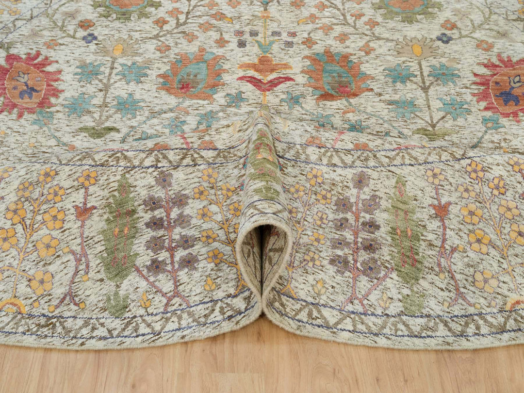9'10" x 9'10" New Hand Knotted Beige Wool & Silk Round Oriental Rug - MOA10290251