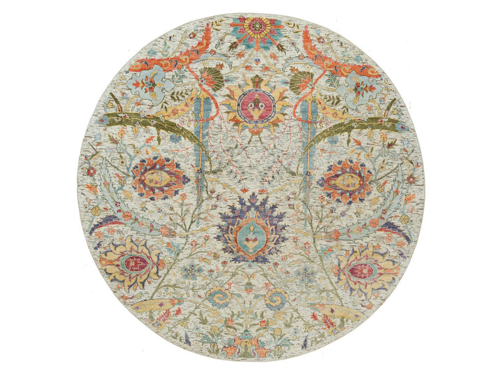 5'10" x 5'10" New Hand Knotted Ivory Wool & Silk Round Oriental Rug - MOA10290256