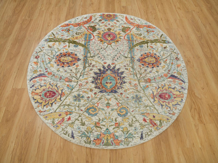 5'10" x 5'10" New Hand Knotted Ivory Wool & Silk Round Oriental Rug - MOA10290256