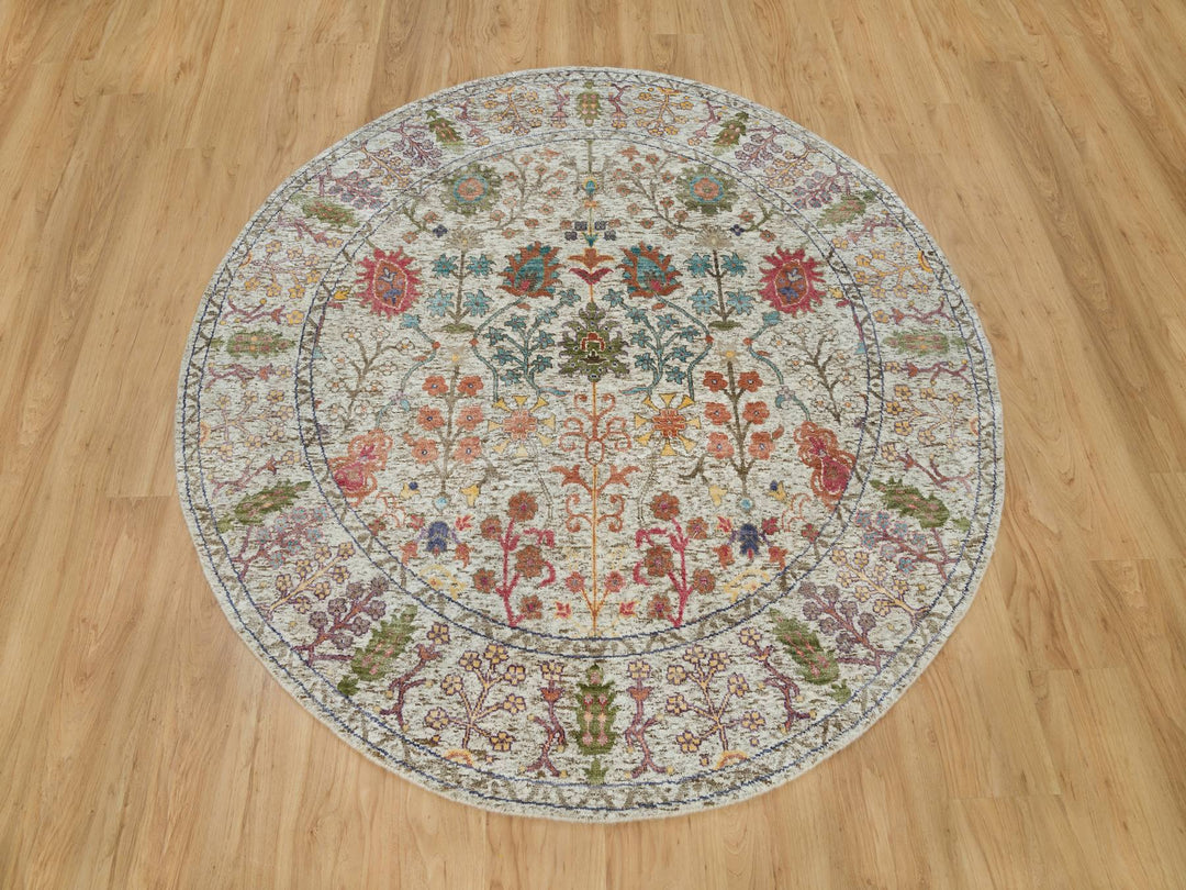 6'0" x 6'0" New Hand Knotted Beige Wool & Silk Round Oriental Rug - MOA10290257