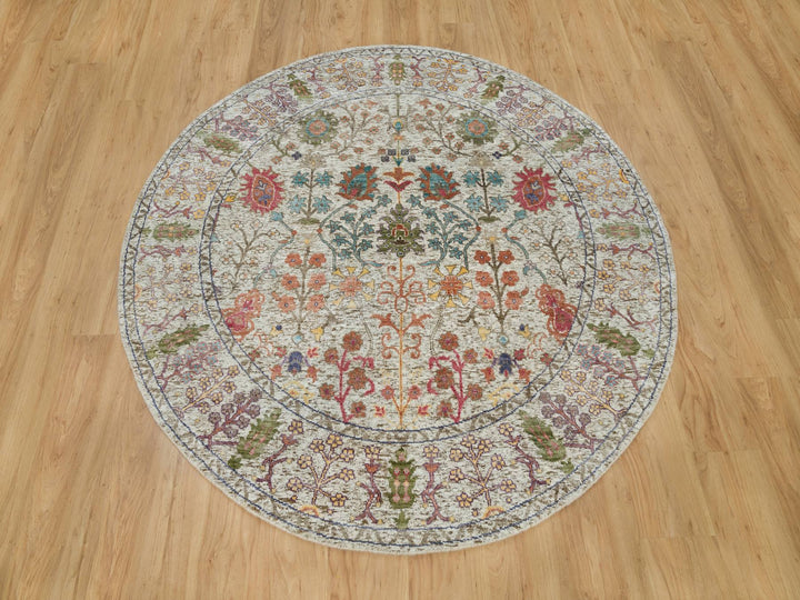 6'0" x 6'0" New Hand Knotted Beige Wool & Silk Round Oriental Rug - MOA10290257