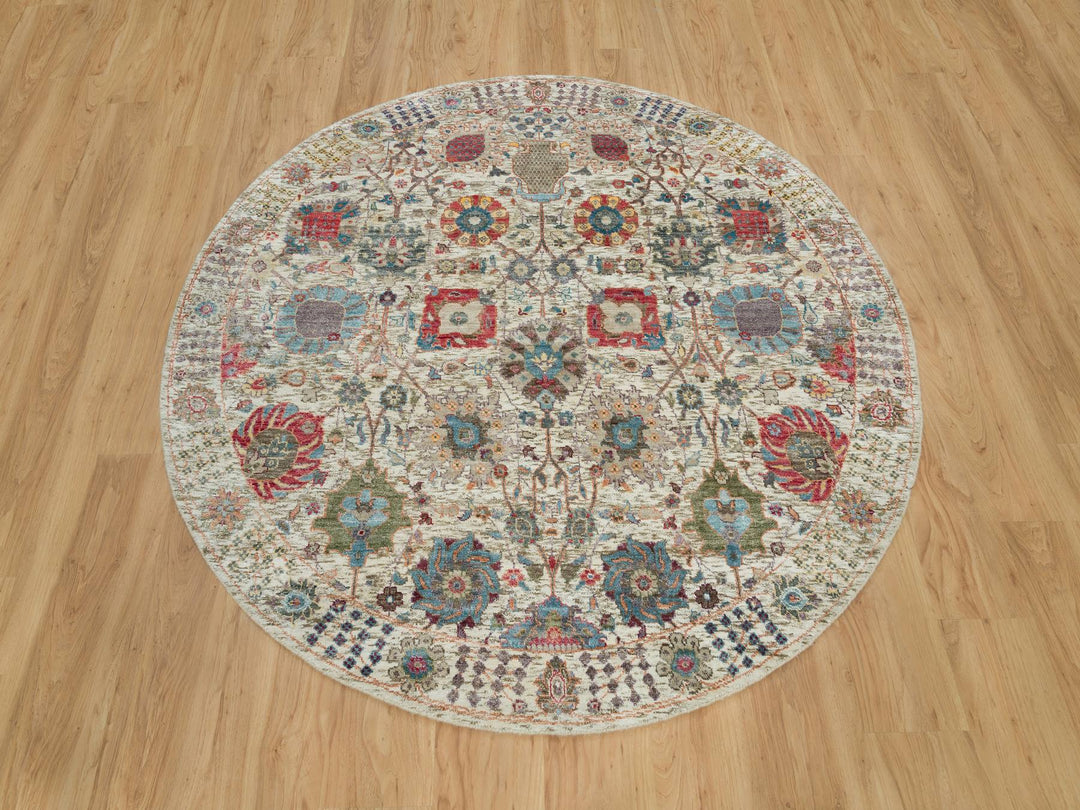 6'0" x 6'0" New Hand Knotted Ivory Wool & Silk Round Oriental Rug - MOA10290258