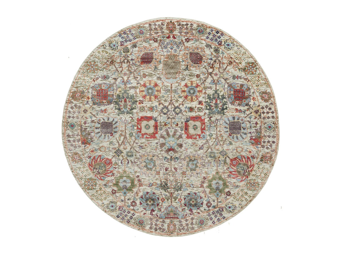5'0" x 5'0" New Hand Knotted Ivory Wool & Silk Round Oriental Rug - MOA10290259