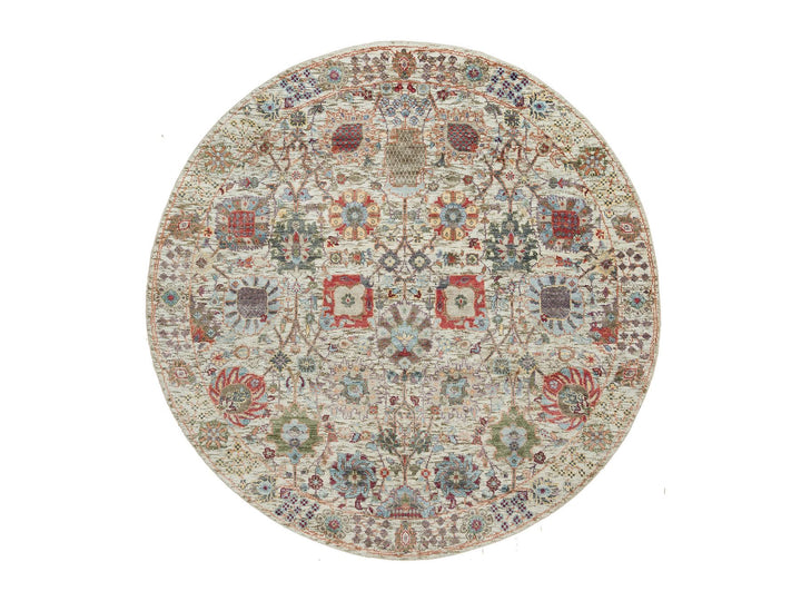 5'0" x 5'0" New Hand Knotted Ivory Wool & Silk Round Oriental Rug - MOA10290259