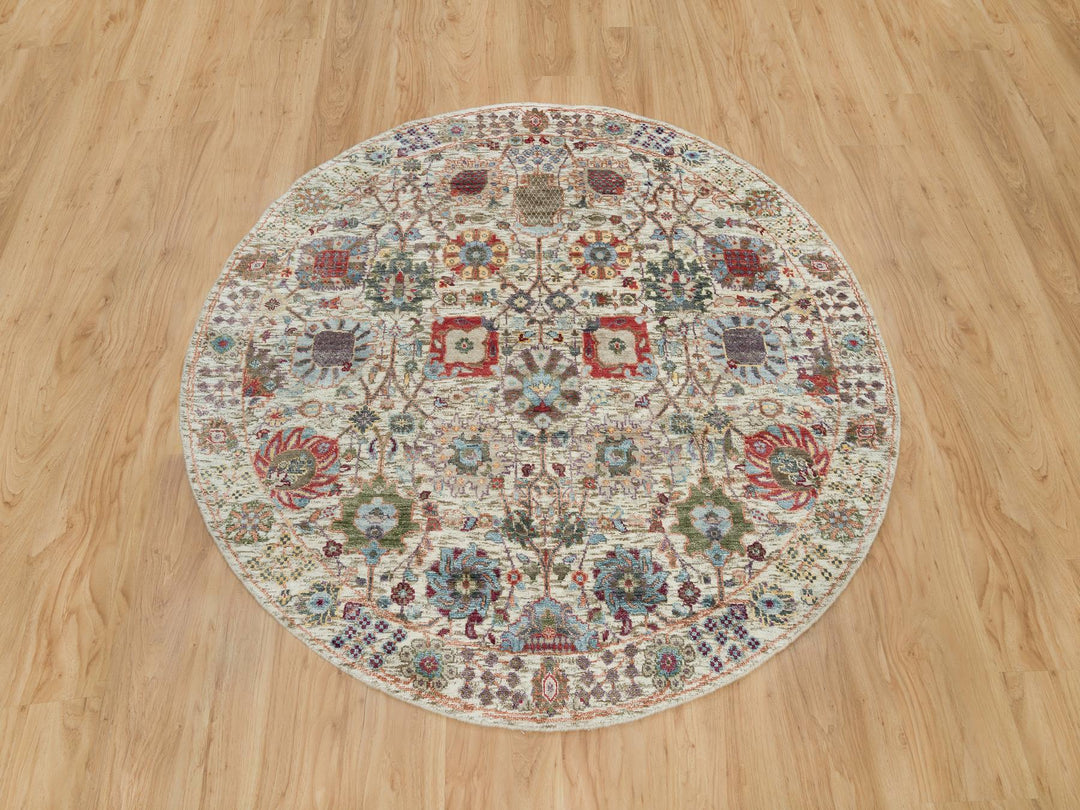 5'0" x 5'0" New Hand Knotted Ivory Wool & Silk Round Oriental Rug - MOA10290259