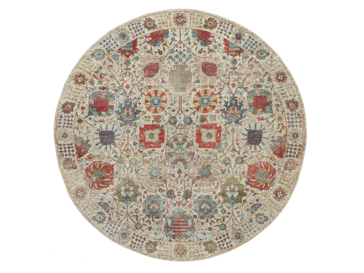 8'0" x 8'0" New Hand Knotted Ivory Wool & Silk Round Oriental Rug - MOA10290261