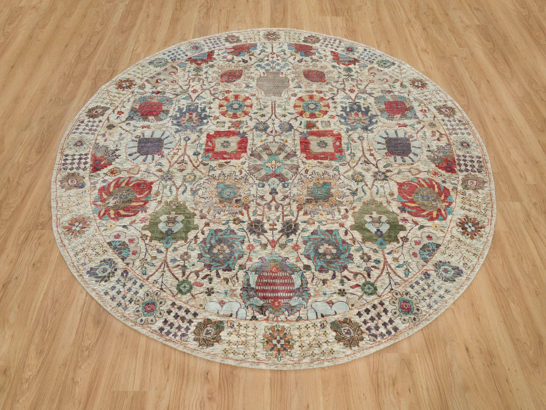 8'0" x 8'0" New Hand Knotted Ivory Wool & Silk Round Oriental Rug - MOA10290261