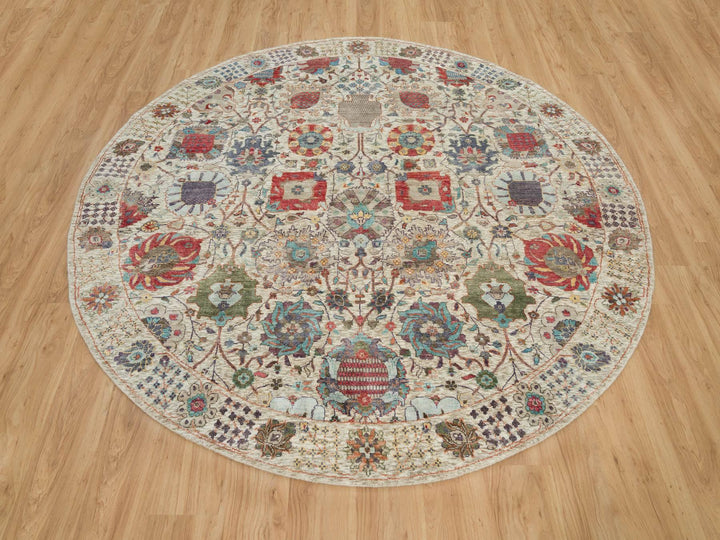 8'0" x 8'0" New Hand Knotted Ivory Wool & Silk Round Oriental Rug - MOA10290261