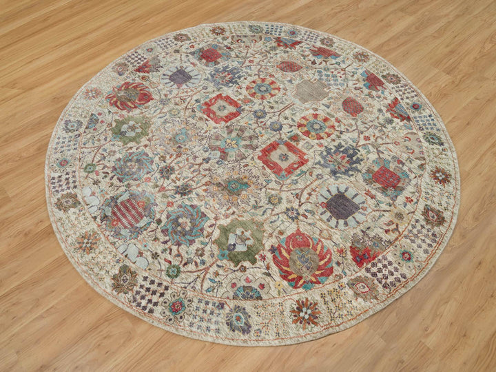 8'0" x 8'0" New Hand Knotted Ivory Wool & Silk Round Oriental Rug - MOA10290261
