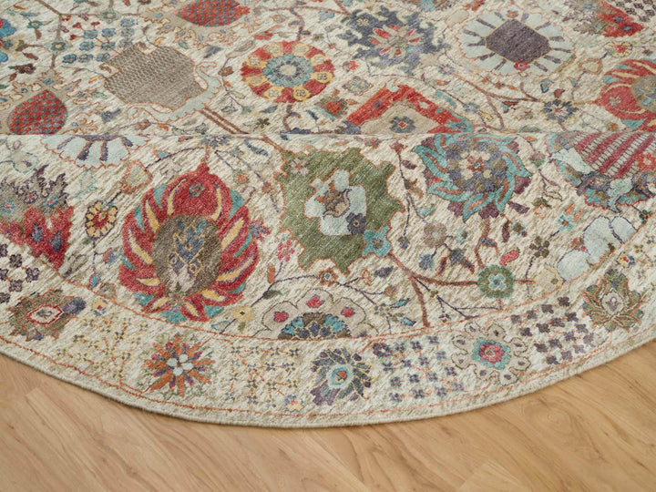 8'0" x 8'0" New Hand Knotted Ivory Wool & Silk Round Oriental Rug - MOA10290261