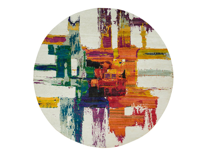 13'8" x 13'8" New Hand Knotted Multicolored Wool & Silk Round Oriental Rug - MOA10290265