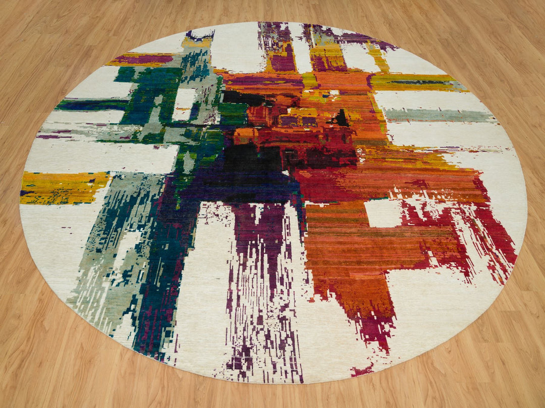 13'8" x 13'8" New Hand Knotted Multicolored Wool & Silk Round Oriental Rug - MOA10290265