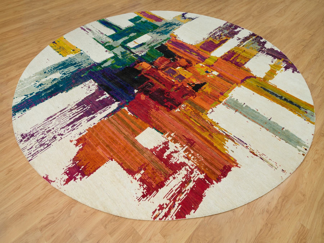 13'8" x 13'8" New Hand Knotted Multicolored Wool & Silk Round Oriental Rug - MOA10290265