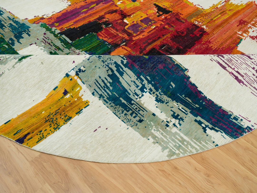 13'8" x 13'8" New Hand Knotted Multicolored Wool & Silk Round Oriental Rug - MOA10290265