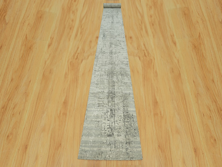2'6" x 25'9" New Hand Knotted Grey Wool Runner Oriental Rug - MOA10290418