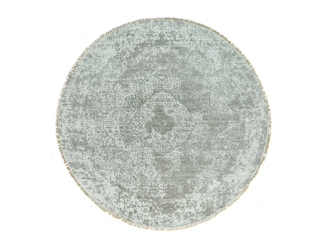 7'10" x 7'10" New Hand Knotted Grey Wool & Silk Round Oriental Rug - MOA10290447