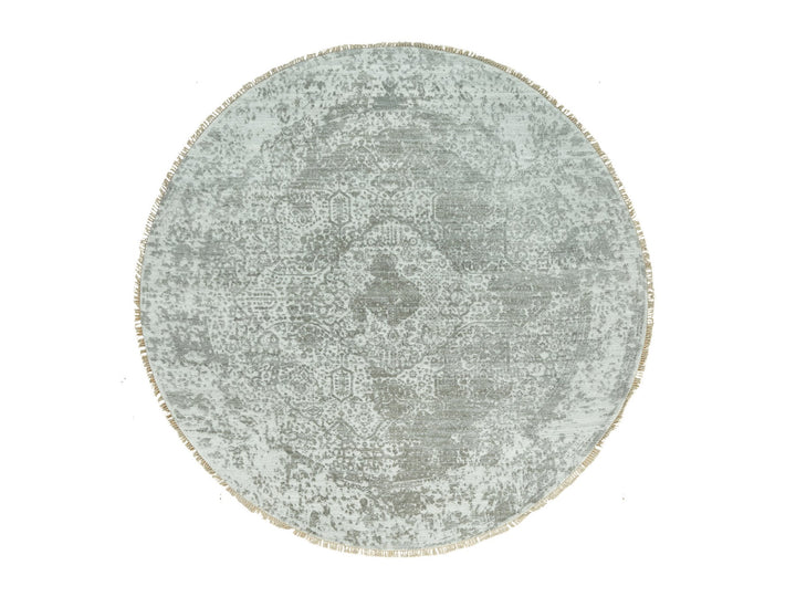 7'10" x 7'10" New Hand Knotted Grey Wool & Silk Round Oriental Rug - MOA10290447