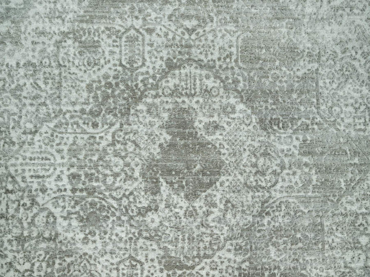 7'10" x 7'10" New Hand Knotted Grey Wool & Silk Round Oriental Rug - MOA10290447