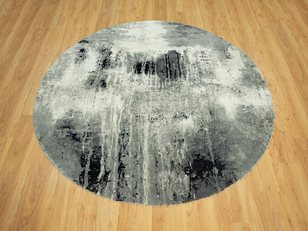 6'1" x 6'1" New Hand Knotted Black Wool & Silk Round Oriental Rug - MOA10290453